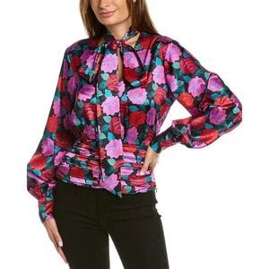 Ronny Kobo Rose Floral Satin Blouse Ruched Waist Balloon Sleeve Tie Neck Size M